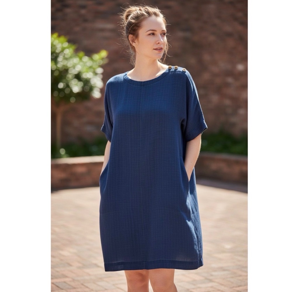 Pure Jill Indigo Dress Womens XXL Blue Coastal Lagenlook Tencel Button Shoulder
